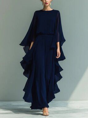 Women's Ruffle Edge Wide-Leg Pants Set Elegant Long Sleeve Two-Piece Casual
